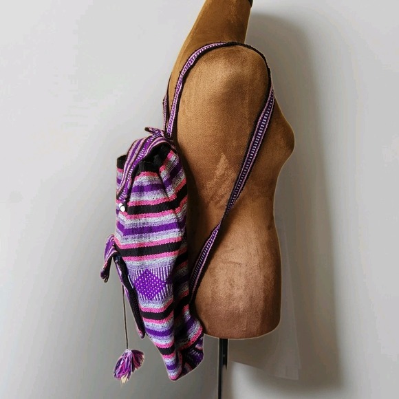 Lillo Bag Purple Aztec Hippie‎ Lightweight Backpack Beach Casual Travel Pom Pom - Picture 2 of 7